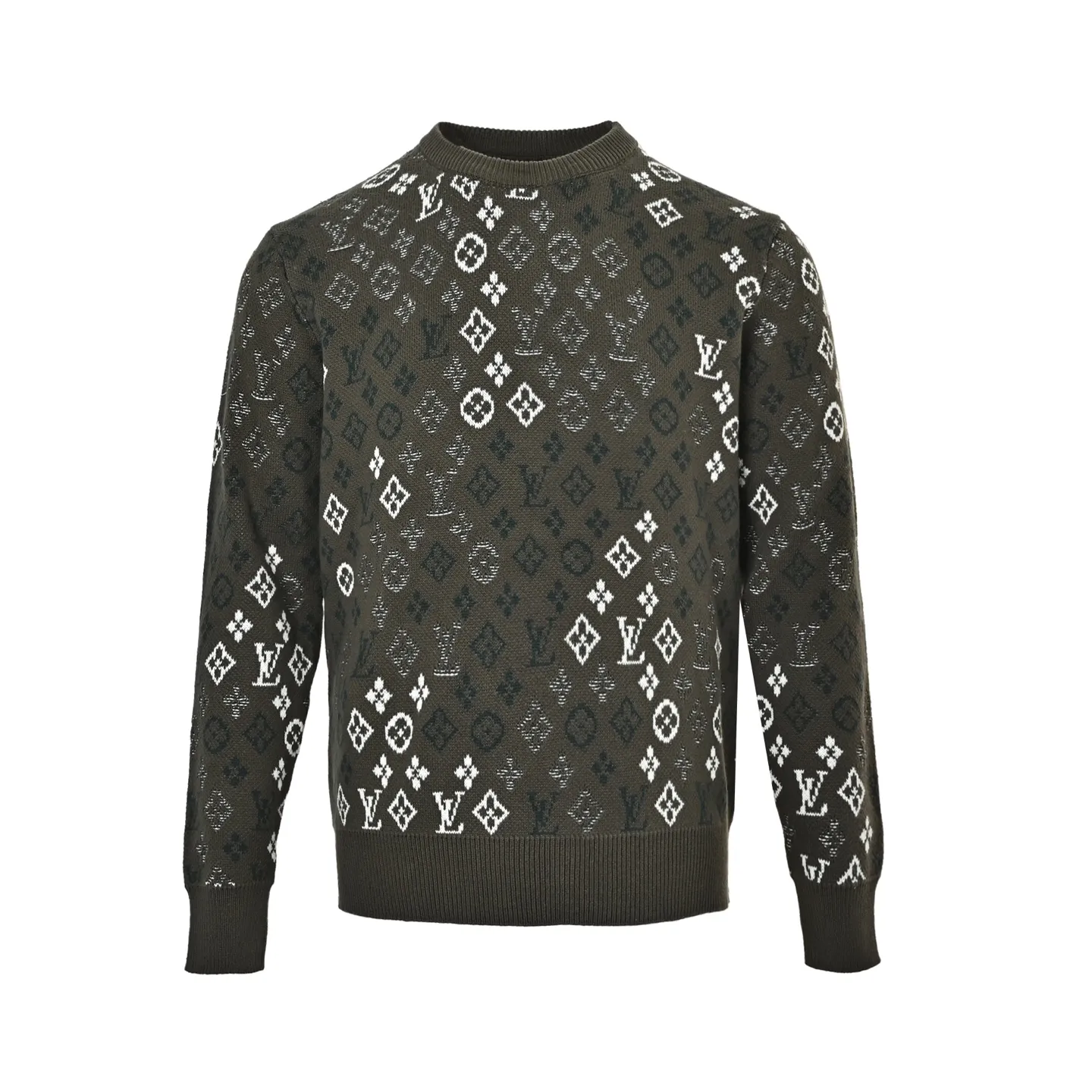 Louis Vuitton/Louis Vuitton military green old flower jacquard round neck knitted sweater